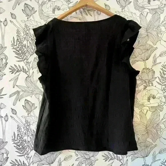 Black blouse with Ruffle Sleeves and Square Neck, Size XL - Picture 2 of 4